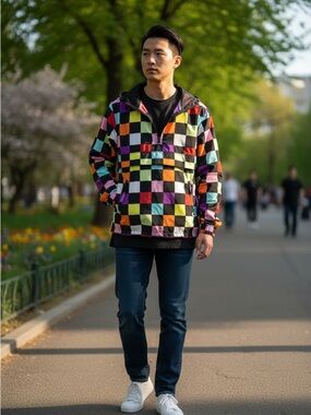 Forever 21 Men’s multicolored checkered quarter zip windbreaker-Size Large